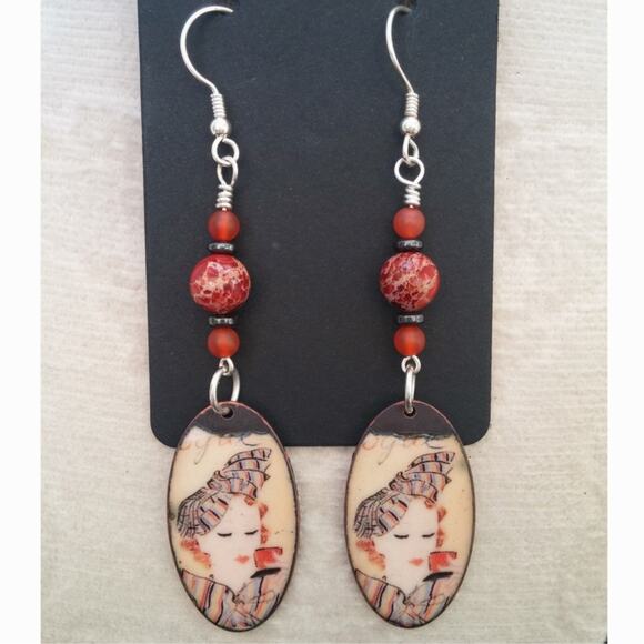 Artisan Copper Oval Statement Earrings Sophisticated Lady Enamel Red Jasper Bead - Picture 8 of 9